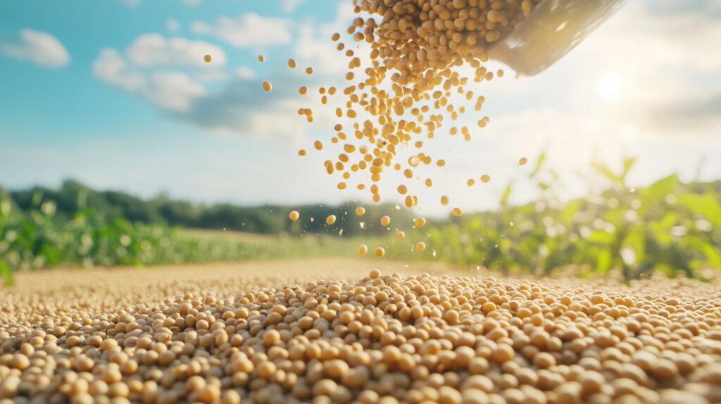 Grãos de soja sendo despejados no campo agrícola, representando a produção de soja e as perspectivas do agronegócio em 2026.